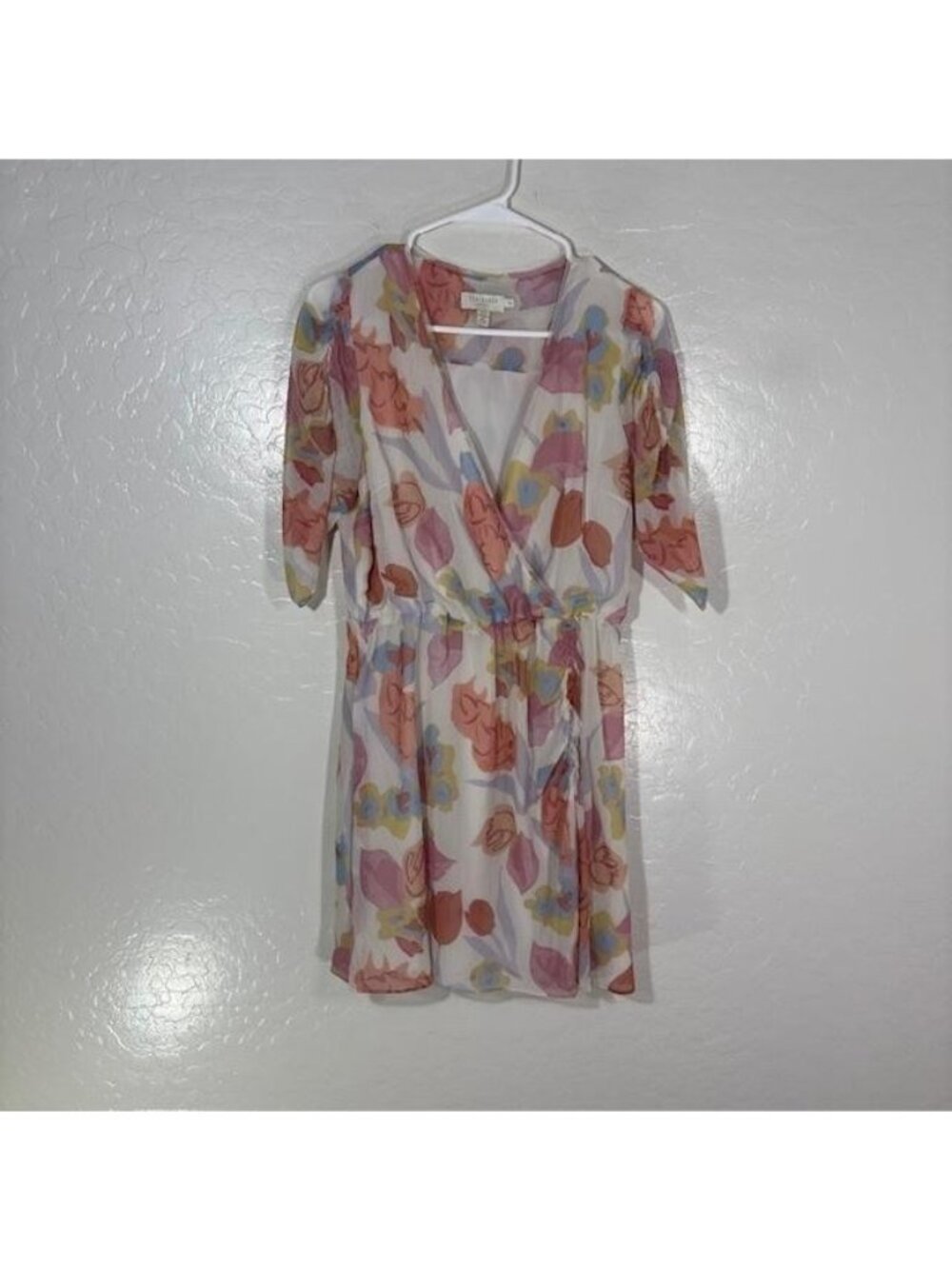 Ted Baker Dress Womens 2 Multicolor Floral Chiffon Wrap V Neck Puff Sleeve Short